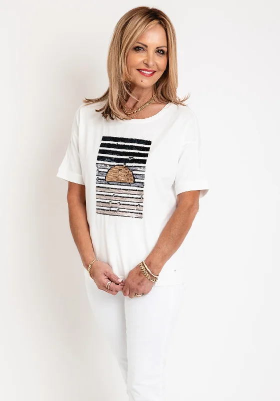 Olsen Cosima Sequin Motif T-Shirt, Off White-- Fleece Nylon Spandex