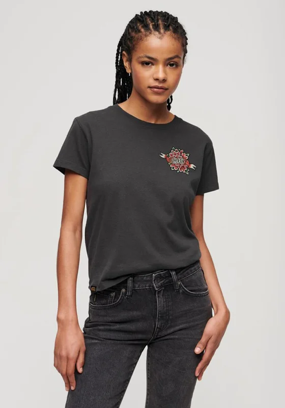 Superdry Womens Tattoo Rhinestone Fitted T-Shirt, Charcoal-- Rayon Velvet Corduroy