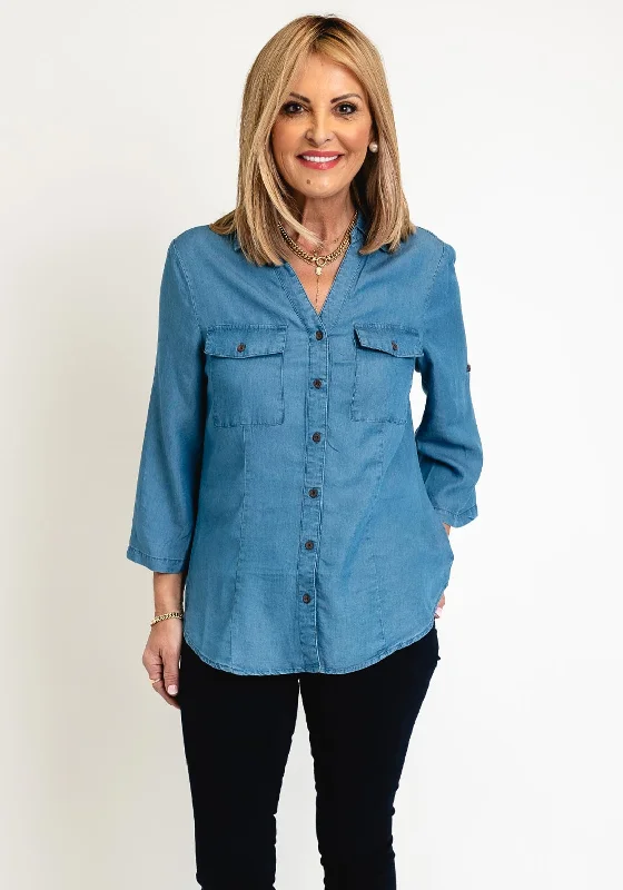 FREEQUENT Three Quarter Sleeve Denim Shirt, Mid Blue-- Welt Pockets Slit Pockets