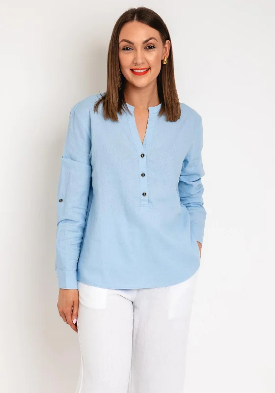 Freequent Lava V Neck Linen Shirt, Chambray Blue-- Embroidered Appliqued Beaded