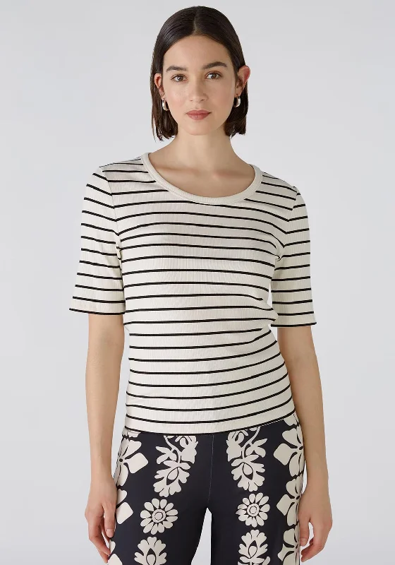 Oui Striped Viscose Stretch T-Shirt, Black & Off White-- Machine Wash Dry Clean Hand Wash