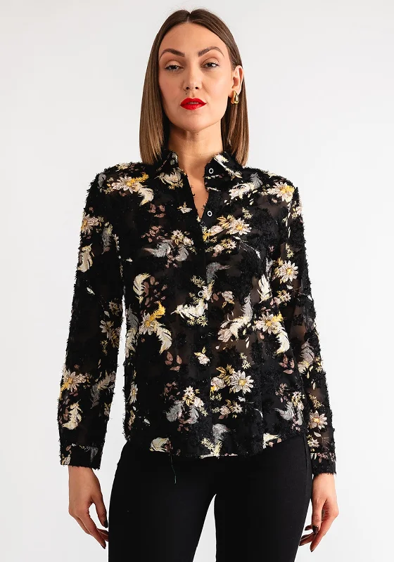 Serafina Collection Floral Embroidered Shirt, Black-- Rayon Velvet Corduroy