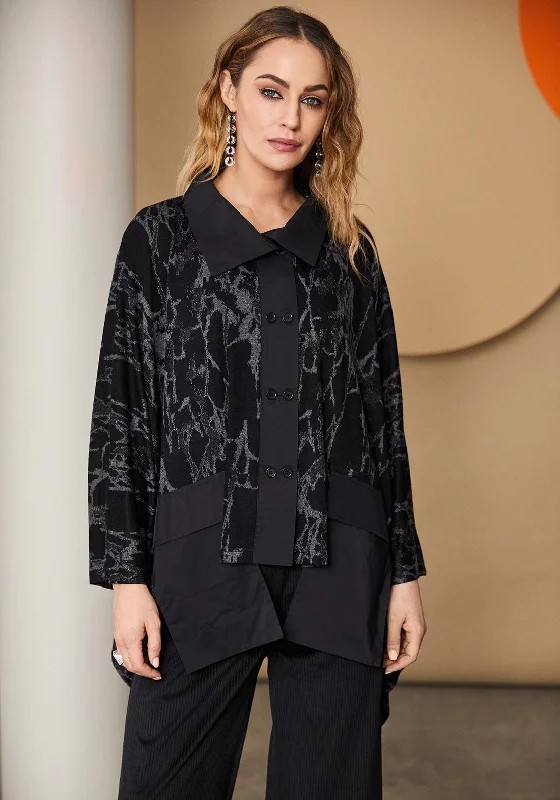 Naya Mix Print Knit Shirt, Black-- V-Neck T-Shirt Long Sleeve Cotton