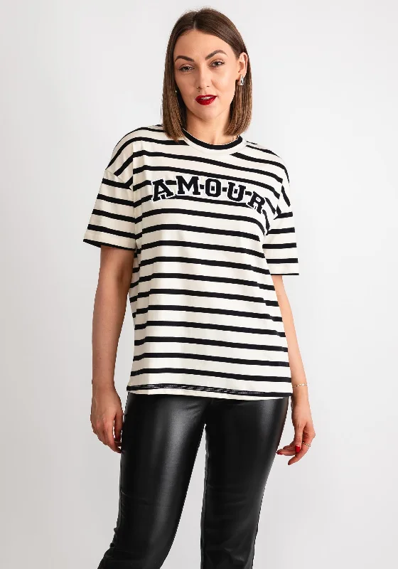 Kaffe Heidi Striped Amour Embroidered T-Shirt, Cream-- Notch Collar Peter Pan Collar Cowl Neck