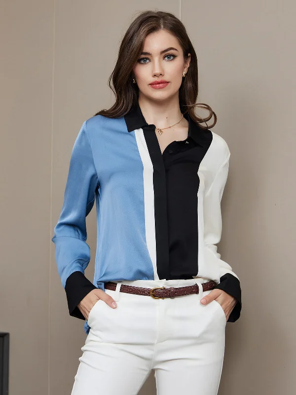 Silk Color Block Concealed Placket Shirt-- Satin Fabric Silk Fabric Chiffon Fabric