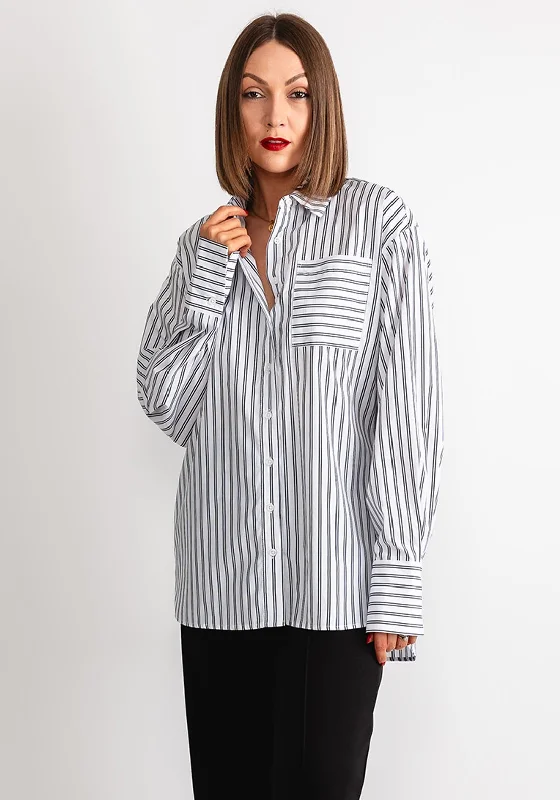 Kaffe Mackle Striped Oversized Shirt, White & Black-- Thin T-Shirt Open Front Quick Dry
