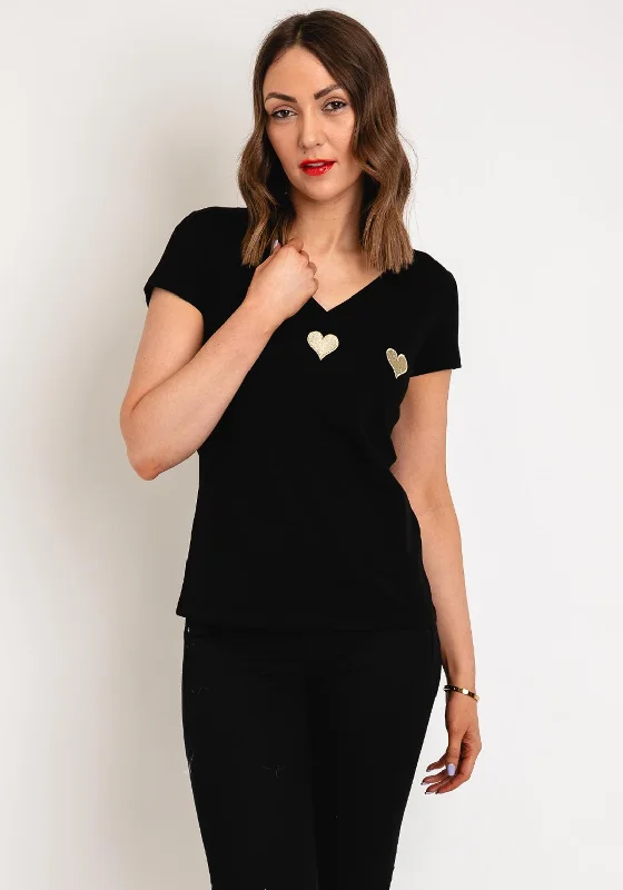 Serafina Collection V-Neck Heart Motif T-Shirt, Black-- Collared T-Shirt Boat Neck A-Line Serafina Collection V-Neck Heart Motif T-Shirt, Black-- Collared T-Shirt Boat Neck A-Line
