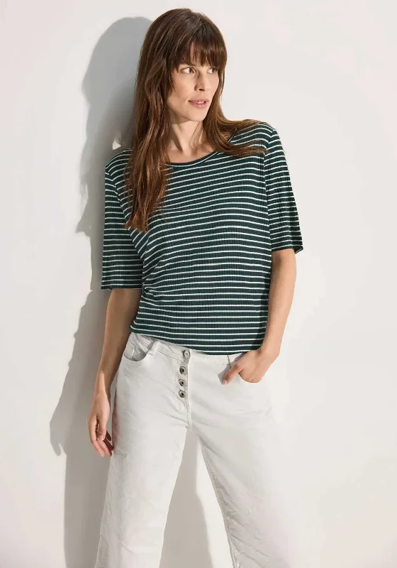 Cecil Striped Rib T-Shirt, Green-- Satin Blend Silk Blend Wool Blend