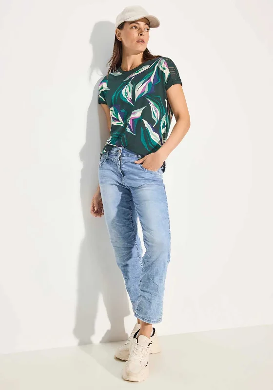Cecil Leaf Print Capped Sleeve T Shirt, Green-- Sequined Glittery Shiny
