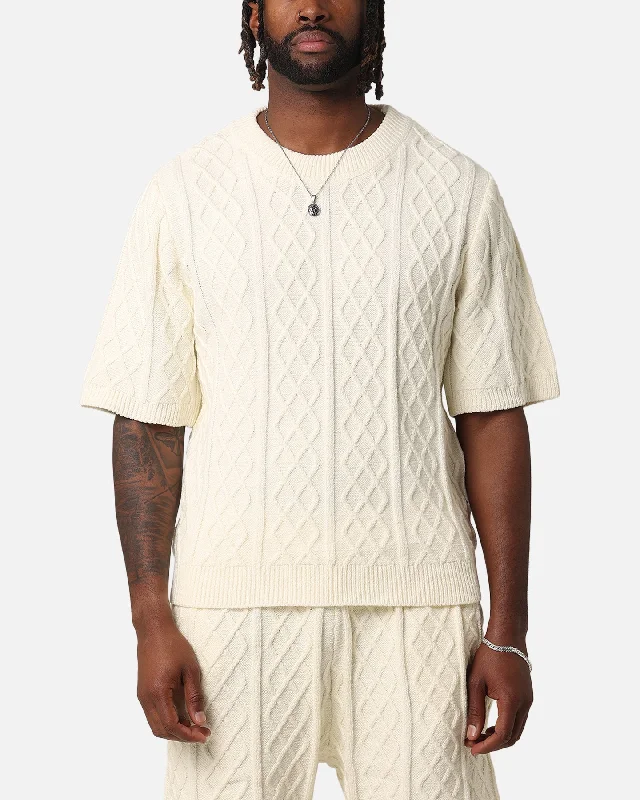 XXIII Lucas Cable Knit T-Shirt Cream-- Silk Blend Satin Velvet