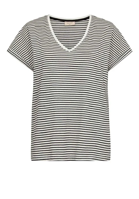Freequent Mian Stripe V-Neck T-Shirt, Off White & Black-- Jersey Fabric Tulle Fabric Batik Fabric