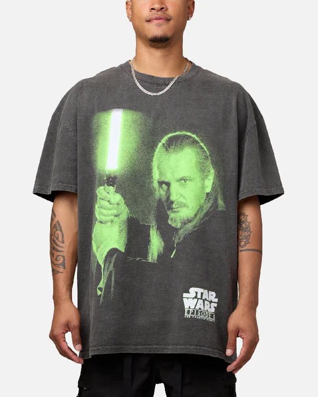 Star Wars Qui Gon Jinn Heavyweight T-Shirt Black Wash-- Notch Collar Peter Pan Collar Cowl Neck