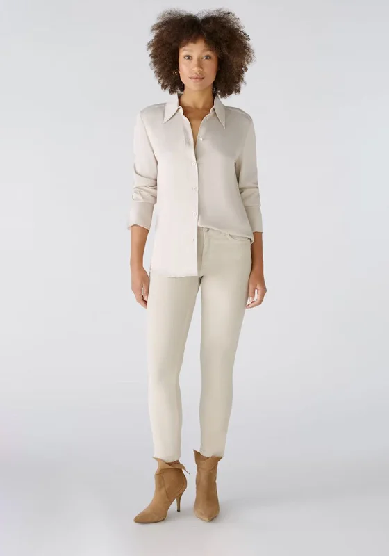 Oui Satin Button Up Shirt, Champagne-- Nylon Fabric Polyester Fabric Spandex Fabric