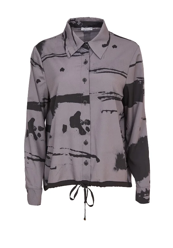 Naya Printed Drawstring Hem Shirt, Grey & Black-- Ribbed T-Shirt High Neck Heavyweight