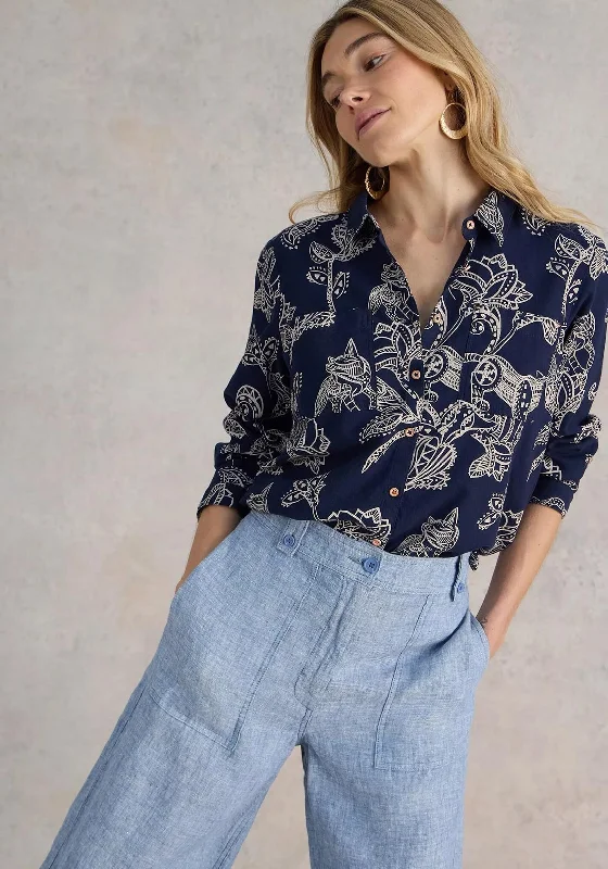 White Stuff Sophie Print Shirt, Navy-- Asymmetrical Pockets Print