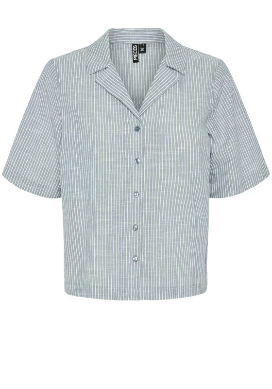 Pieces Apia Short Sleeve Linen Shirt, Coronet Blue-- Anti-Shrink Durable Soft