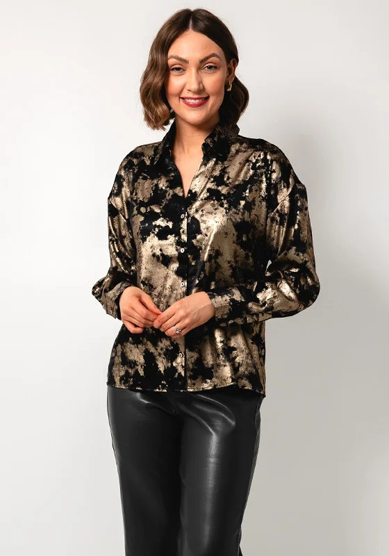 Esqualo Metallic Patterned Satin Shirt, Black-- Satin Fabric Silk Fabric Chiffon Fabric