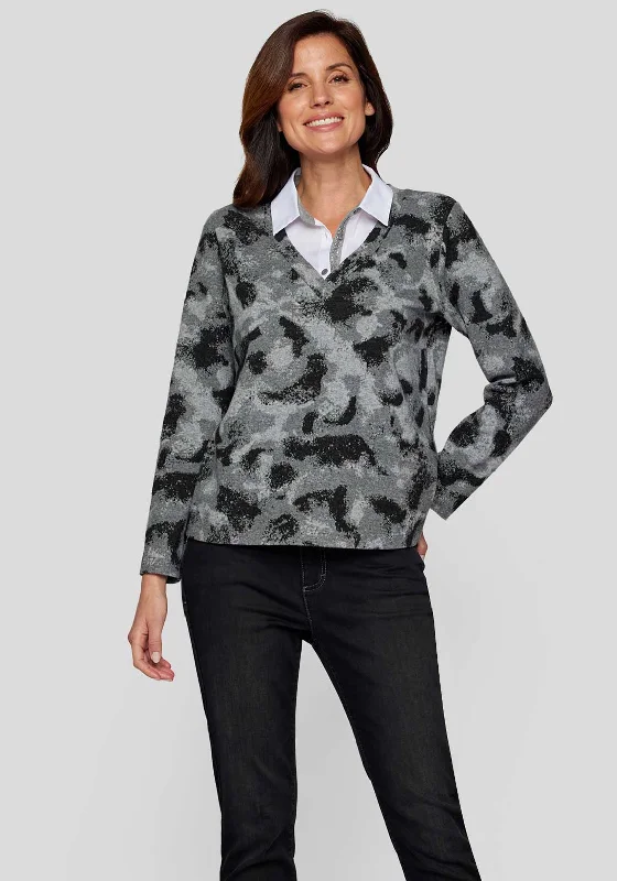 Rabe Shirt Collar Fine Knit Top, Grey-- Collared Crew Neck Turtle Neck