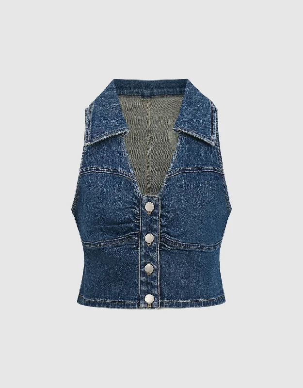 Shirt Collar Denim Vest-- Knit Fabric Woven Fabric Fleece Fabric