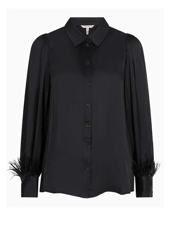 Esqualo Feather Cuff Satin Shirt, Black-- Cotton Fabric Linen Fabric Terry Fabric