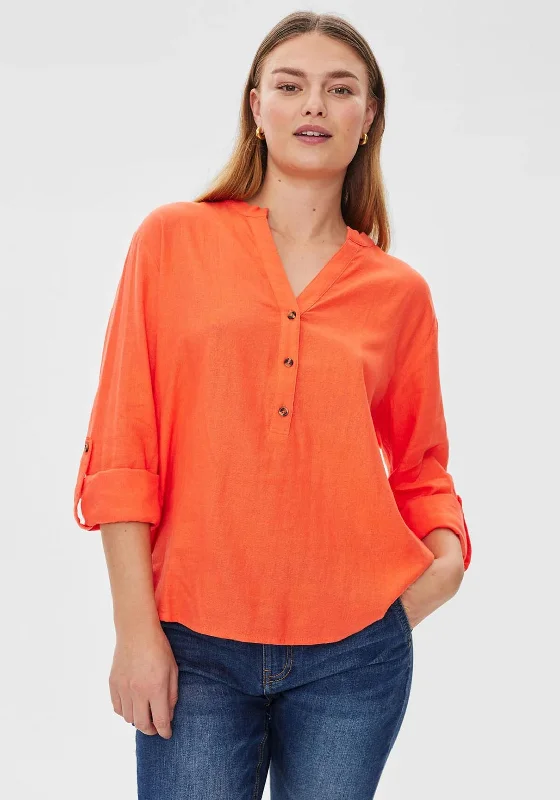 Freequent Lava V Neck Linen Shirt, Hot Coral-- Solid Print Embellished