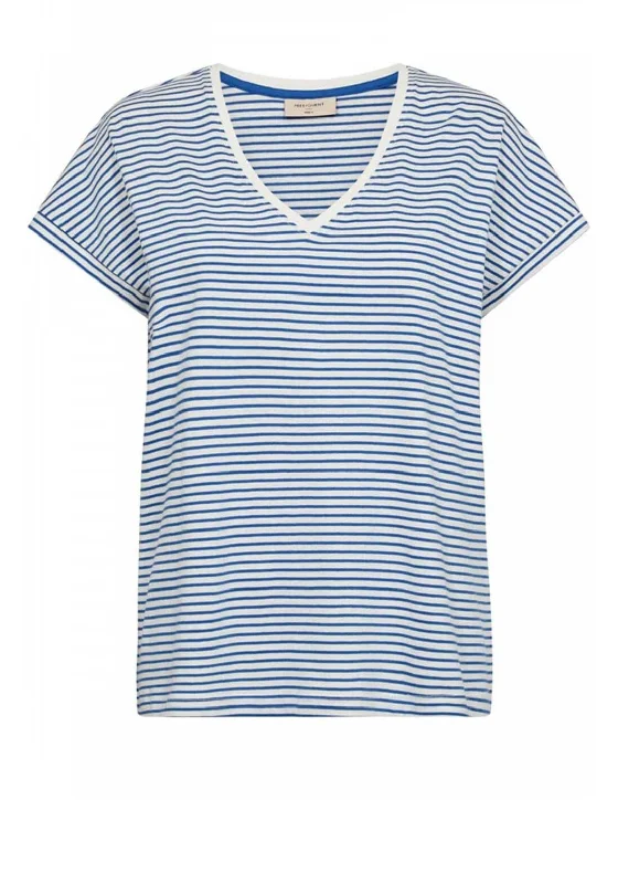Freequent Mian Stripe V-Neck T-Shirt, Off White & Nebulas Blue-- Mesh Fabric Canvas Fabric Denim Fabric