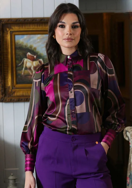 Rant and Rave Isa Abstract Print Satin Shirt, Pink Multi-- Spandex Blend Rayon Blend Denim Blend