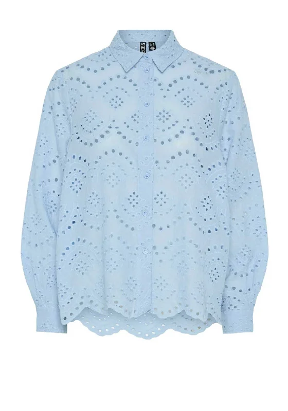 Pieces Vilde Broderie Anglaise Shirt, Cashmere Blue-- Fleece Nylon Spandex
