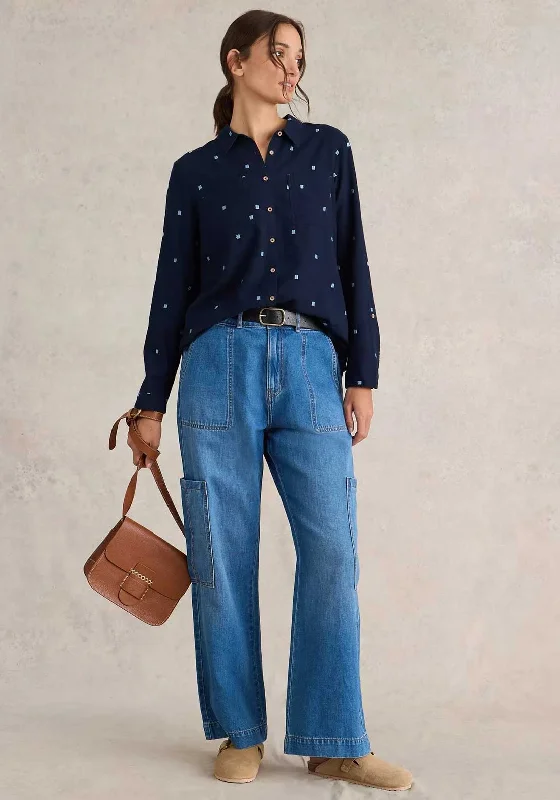 White Stuff Sophie Organic Cotton Shirt, Navy-- Front Pockets Side Pockets Patch Pockets