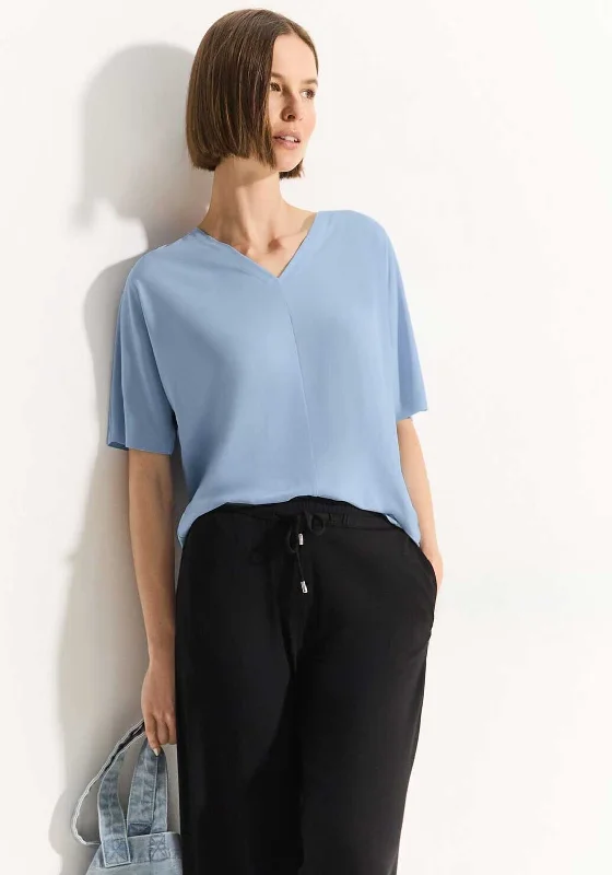 Cecil V Neck T-Shirt, Topaz Blue-- Hooded Caped Shawl Collar