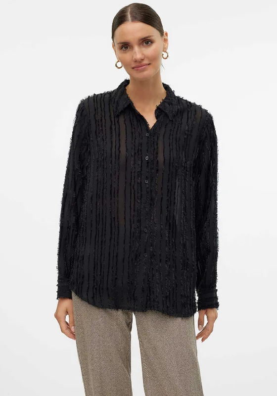 Vero Moda Hariet Fringe Stripe Shirt, Black-- Hooded Caped Shawl Collar