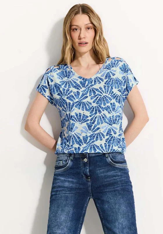 Cecil Abstract Fan Print T-Shirt, Azure Blue-- Mesh Blend Leather Blend Suede Blend