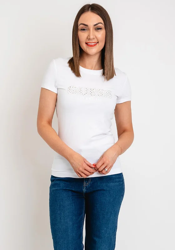 Guess Womens Broderie Logo T-Shirt, White-- Fleece Fabric Down Fabric Feather Fabric