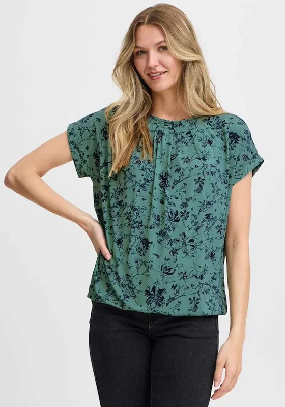Fransa Floral Bubble Hem T-Shirt, Green-- Mesh Blend Leather Blend Suede Blend