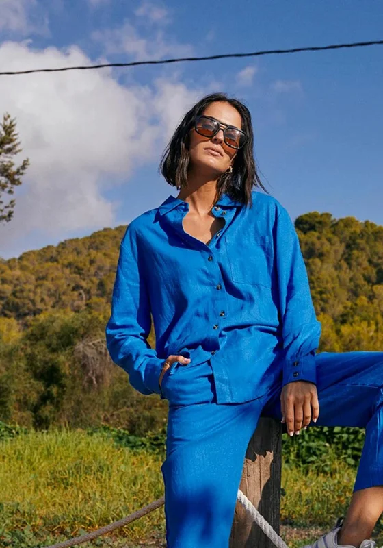 Freequent Lava Linen Shirt, Nebulas Blue-- Spandex Blend Rayon Blend Denim Blend