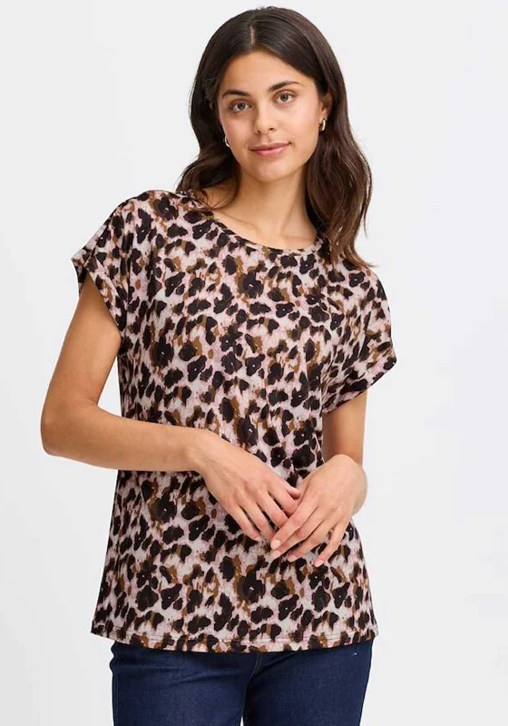 Fransa Seen Animal Print Round Neck T-Shirt, Pink-- Welt Pockets Slit Pockets Flap Pockets