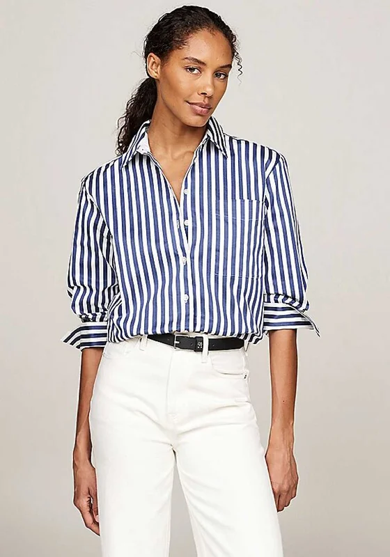 Tommy Hilfiger Womens Banker Stripe Oversized Shirt, Navy-- Terry Blend Velvet Blend Canvas Blend