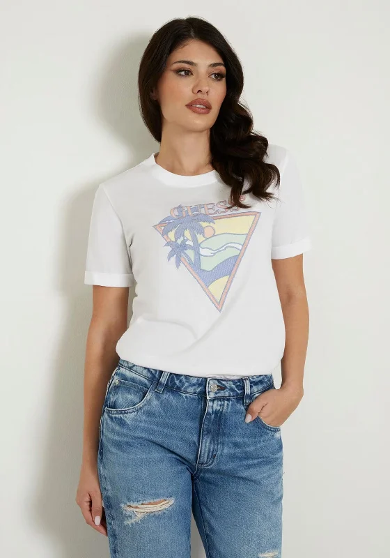 Guess Triangle Logo T-Shirt, White-- Boxy Fit Fitted Loose