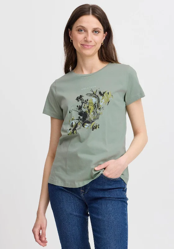 Fransa Creative Graphic T-Shirt, Green-- Zippered Front Buttoned Front Snap Front
