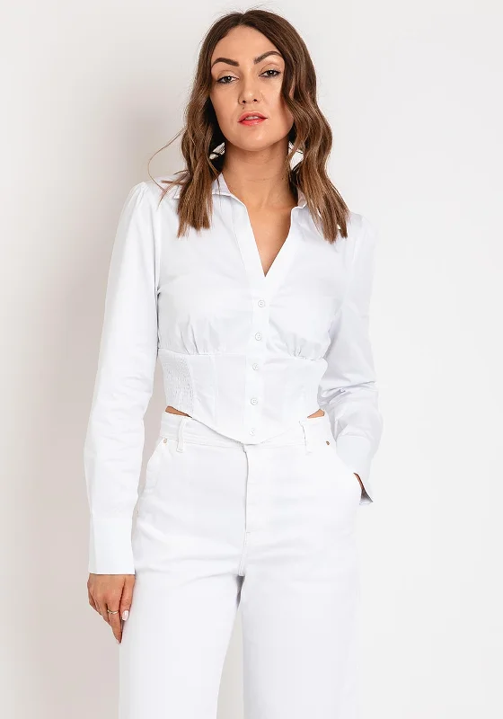 Guess Corset Shirt Top, White-- Mesh Canvas Denim
