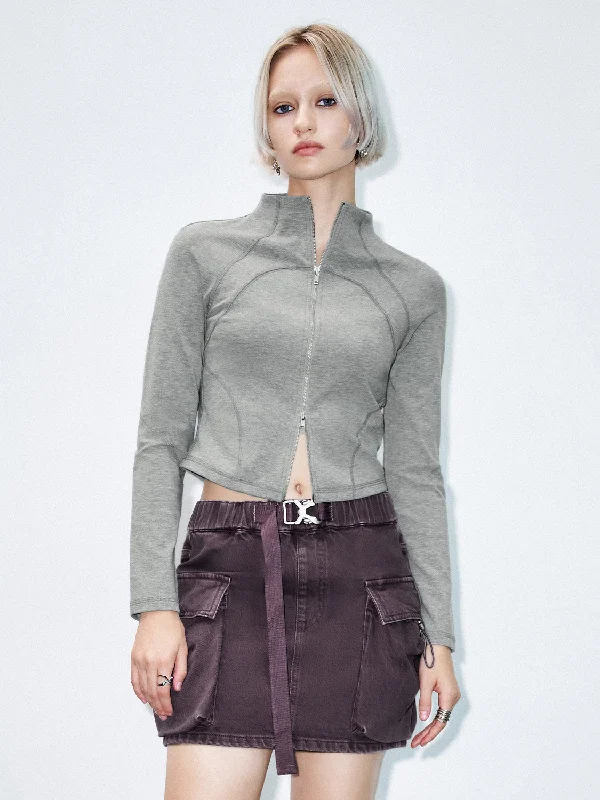 Zip Up Front Skinny Shirts-- Mesh Canvas Denim