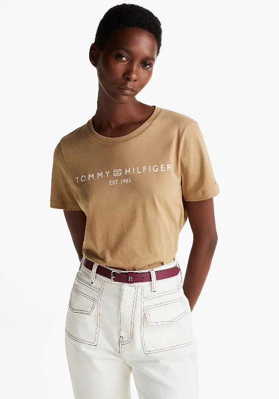 Tommy Hilfiger Womens Logo T-Shirt, Beige-- Wool Fabric Cashmere Fabric Tweed Fabric