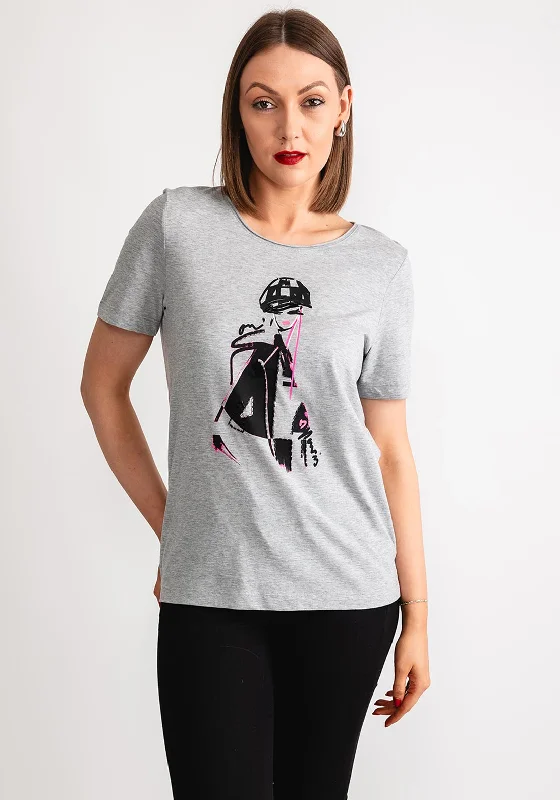 Oui Beaded Graphic Print T-Shirt, Light Grey-- Oversized T-Shirt Spandex breathable