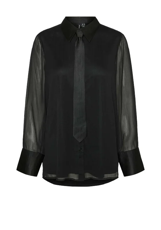 Vero Moda Smilla Tie Shirt, Black-- Houndstooth Herringbone Solid