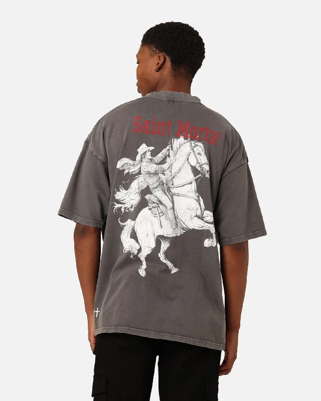 Saint Morta Good Die Young T-Shirt Washed Charcoal-- Graphic Embroidered Appliqued