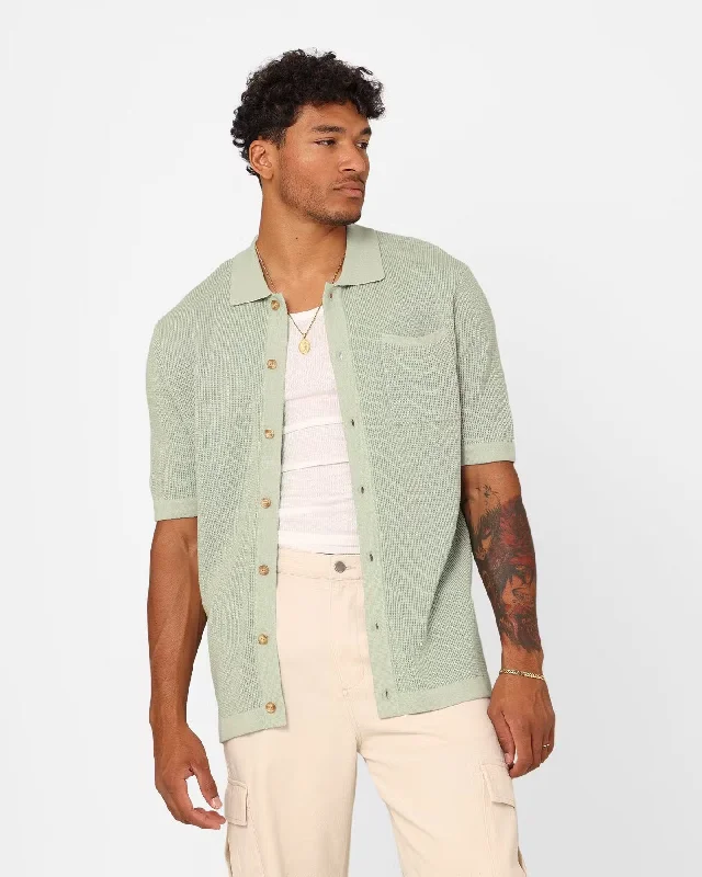 XXIII Zyair Knit Rib Button Up Shirt Sage-- Notch Collar Peter Pan Collar Cowl Neck