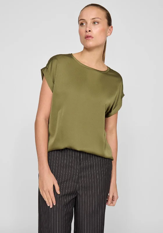 Vila Ellette Satin Front T Shirt, Green-- Front Pockets Side Pockets Patch Pockets