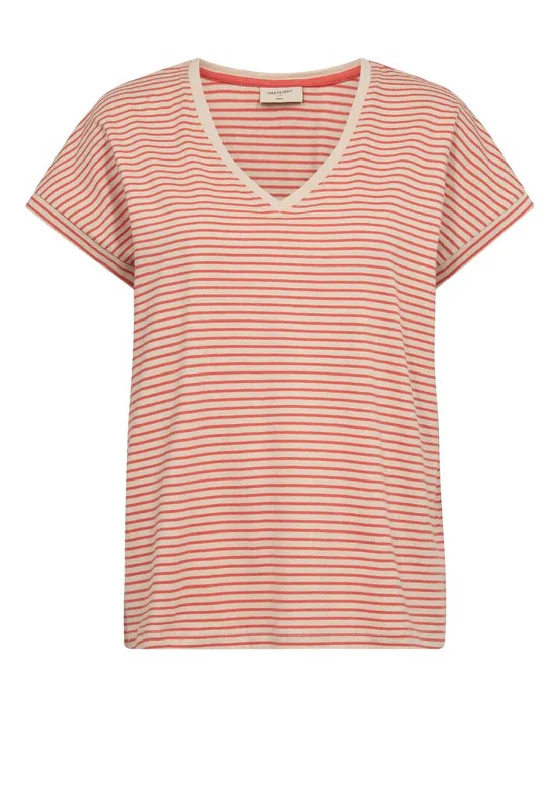 Freequent Mian Stripe V-Neck T-Shirt, Moonbeam Hot Coral-- Chenille Fabric Brocade Fabric Lace Fabric