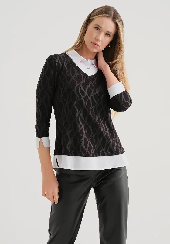 Dolcezza Wavy Print Shirt Detail Top, Black-- Thin T-Shirt Open Front Quick Dry