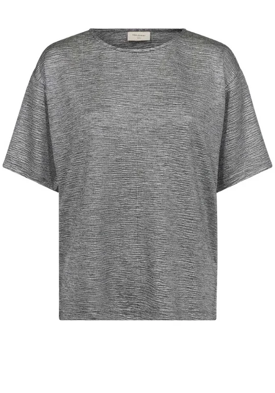 Freequent Satina Metallic T-Shirt, Silver-- Ribbed Striped Patterned
